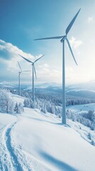 Wind turbines snowy mountain landscape