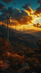 Wind turbines sunset mountain landscape