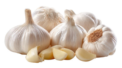 A group of fresh garlic bulbs and peeled cloves, isolated on a transparent background, showcasing their natural texture and aromatic qualities, perfect for culinary and healthy eating concepts