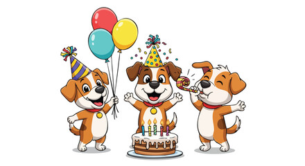 Naklejka premium Three cartoon dogs celebrating a birthday with cake, balloons, and party hats on a white background.