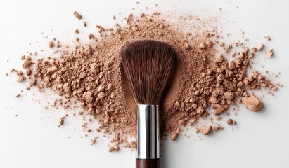 Close-up of a fluffy makeup brush with brown eyeshadow powder on pristine white background, showcasing soft texture and vibrant color for beauty product advertising or editorial content