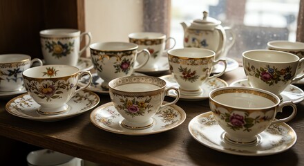 Fototapeta premium Vintage Teacups and Saucers on Shelf