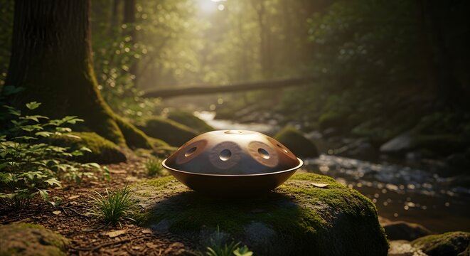 Ethereal handpan instrument resting on a mossy stone in a tranquil forest, with gentle sunlight creating a peaceful ambiance by a stream.