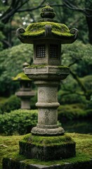 A traditional japanese stone lantern with moss stands in a beautiful and serene zen garden