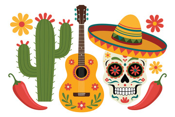 Mexican fiesta celebration with guitar sombrero skull and chili peppers