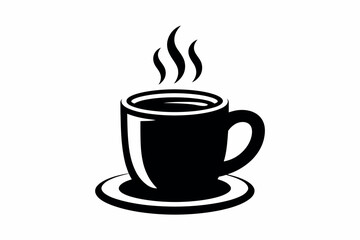 Simple black silhouette of a steaming coffee mug on a saucer