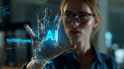 A womans hand displays the glowing letters ai on a futuristic holographic interface