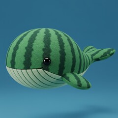 Cute whale plush toy with a green watermelon pattern isolated on a solid blue background