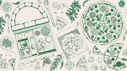 An illustration of a pizza oven with pizza boxes and slices of pizza with various toppings around it