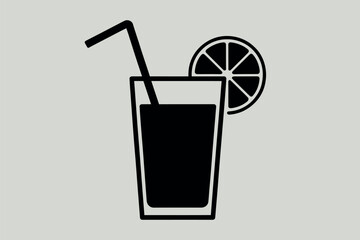 Simple black and white icon of a tall glass filled with dark liquid and a straw and orange slice
