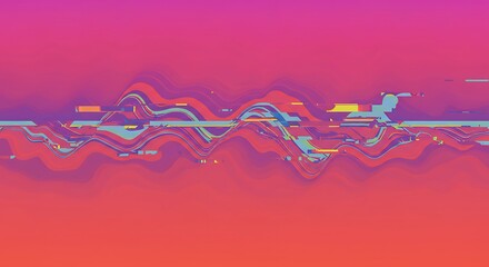 Abstract digital art with a colorful glitch wave distortion on a vibrant pink and orange gradient background.