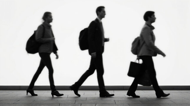 Blurred commuters walking. Side view, motion blur, urban scene, defocused.