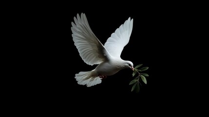 White dove in flight carrying an olive branch against a black background.