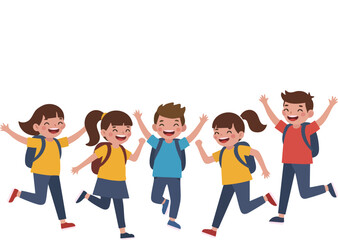 Obraz premium Group of happy children running with backpacks in cheerful playful outdoor activity vector illustration 