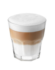 latte or cappuccino with milk foam in transparent glass isolated on white background