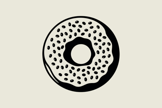 Hand drawn illustration of a bagel with sesame seeds in black and white