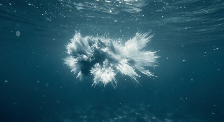 A mesmerizing underwater view of a white powder cloud exploding in the deep blue ocean, creating an abstract and dynamic splash.