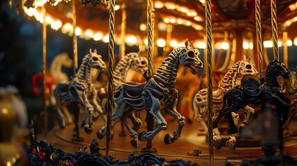 Spooky carousel horses spin under glowing lights for Halloween
