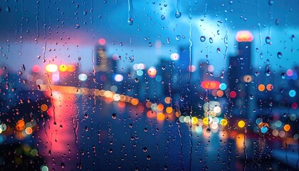 Urban Cityscape Reflection with Raindrops on Glass at Night