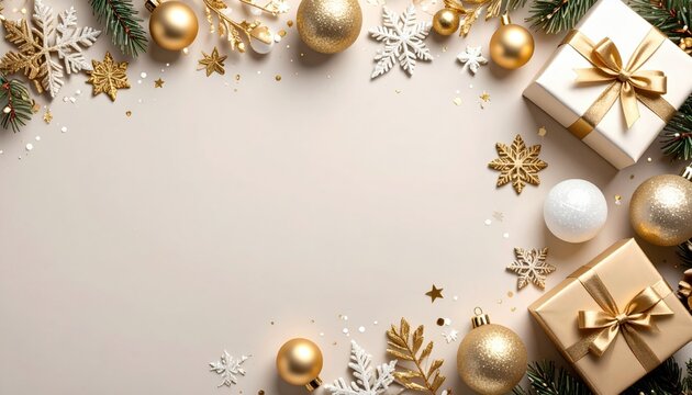 Festive holiday decorations with gold and white ornaments christmas present arrangement indoor aesthetic viewpoint celebration concept