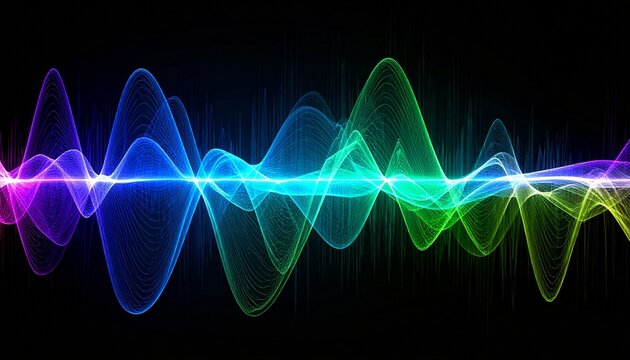 Vibrant multi-colored waveform on black background, showcasing dynamic peaks and smooth color transitions from purple to red.