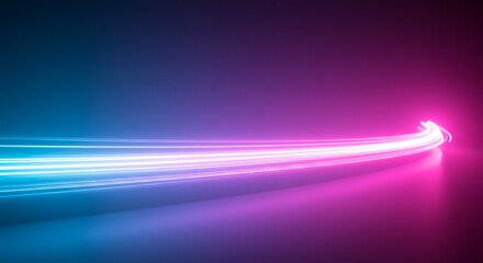 Futuristic abstract background with dynamic neon light trails in pink and blue, representing speed and technology.