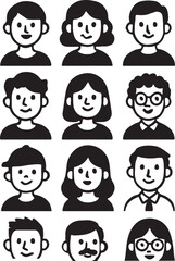 Diverse Portrait Icons A Black and White Collection Showcasing a Variety of Hairstyles Accessories and Facial Features Expressed Through Minimalism