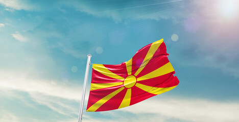 North Macedonia national flag waving with beautiful sky.