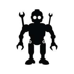 Silhouette of a mechanical robot holding wrenches, against a plain white background