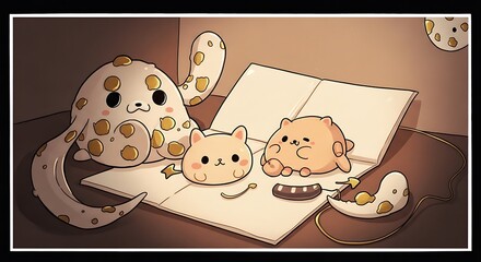 Illustration of cute, round, spotted animal characters on and around an open book with accessories.