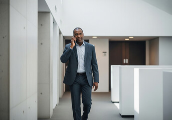 Business professional walking while on phone call