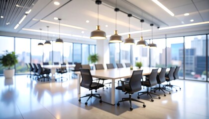 Modern, bright conference room with large windows overlooking a city