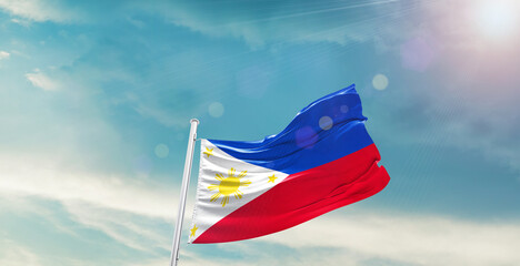 Philippines national flag waving with beautiful sky.