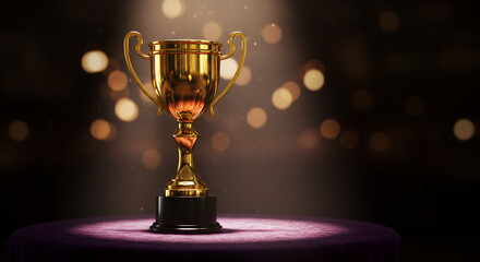 Gleaming golden trophy on violet cloth