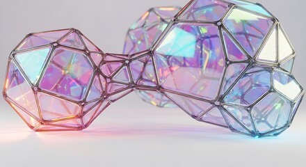 Abstract geometric shapes, iridescent glass, interconnected forms, modern design, 3D rendering.