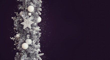 Elegant Silver and White Christmas Garland with Ornate Stars and Baubles Against a Deep Purple Background Sparking Holiday Joy and Sophistication