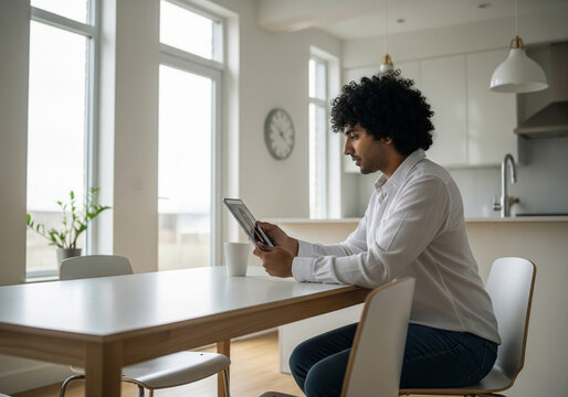 Remote worker attending video call on tablet at kitchen table - Powered by Adobe