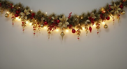 Elegant Christmas Garland with Golden Leaves, Red Ornaments, and Warm Lights Adorning a Wall for Festive Holiday Decoration and Seasonal Ambiance