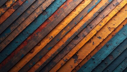 Diagonal Abstract of Weathered Wooden Planks in Teal, Orange, and Brown Hues
