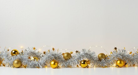 Festive Holiday Mantel Decor with Gold Ornaments, Silver Tinsel, and Warm Twinkling Lights Against a Subtle White Background for Seasonal Celebrations