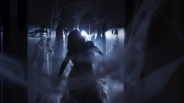 Dead Woman Zombie Bride In Wedding Dress Walking Convulsing Down Corridor With Cobwebs Around Looking At Camera