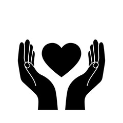 Obraz premium A minimalistic vector illustration showcasing two hands gently cradling a heart, symbolizing love, care, and support on a clean, white background for universal appeal.