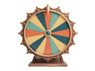 Colorful prize wheel with wooden frame and central spinner isolated on a transparent background