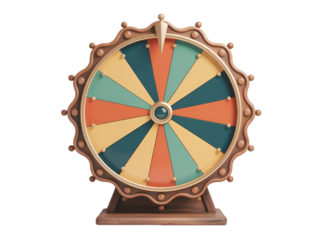 Colorful prize wheel with wooden frame and central spinner isolated on a transparent background