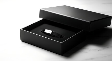 Sleek black fitness tracker presented in a luxurious minimalist box on marble