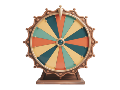 Colorful prize wheel with wooden frame and central spinner isolated on a transparent background - Powered by Adobe