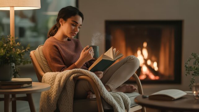 Young woman reading a book with coffee by the fireplace at home, concept of autumn digital detox  