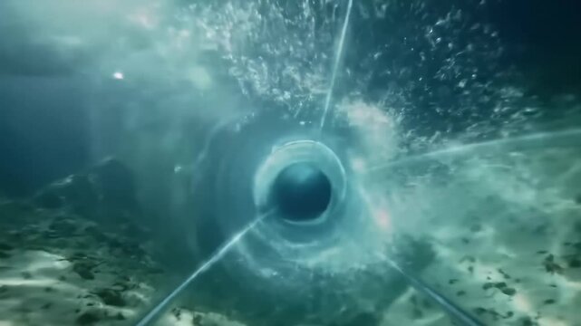 An awe-inspiring digital rendering of a deep sea vortex, a powerful aquatic singularity pulling water into a mysterious dark portal
