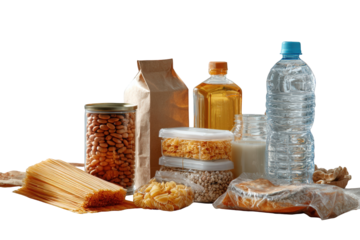 Pantry staples including pasta, beans, rice, flour, oil, and water bottles, isolated on transparent background