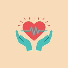 Obraz premium Caring hands protect a vibrant red heart with a pulsating cardiogram, symbolizing health and well-being against a soft beige backdrop.